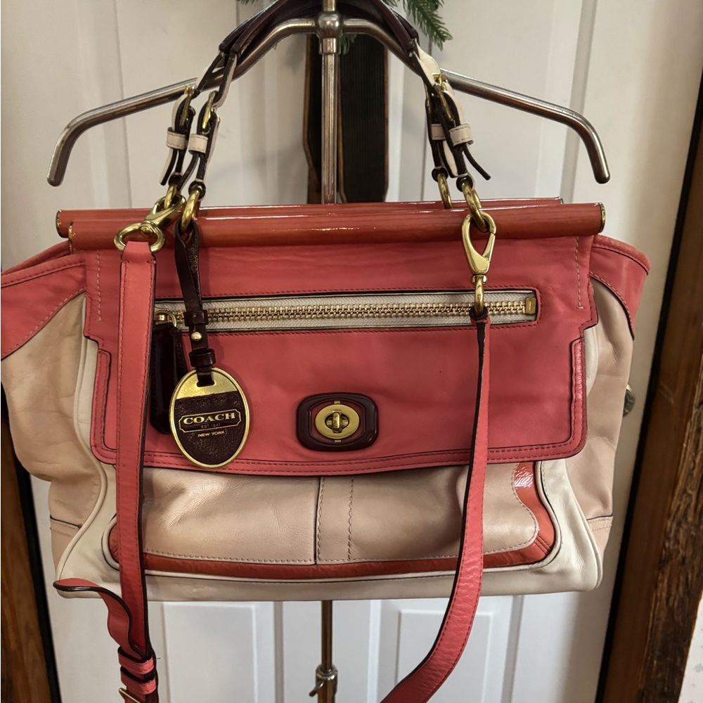 Coach Pink and Cream Shoulder Bag with Gold Hardware